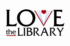 Poster in white with big black letters Love the Library; the "v" in Love is a view of a book open on its spine in "v" shape