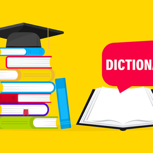 colorful poster in yellow, red and blue with a pile of stacked books and an open book marked dictionary