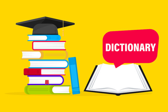 colorful poster in yellow, red and blue with a pile of stacked books and an open book marked dictionary