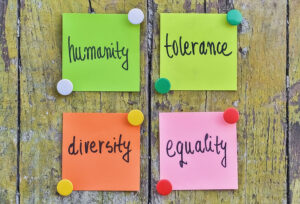 Humanity, Tolerance, Diversity, Equality words on colorful paper