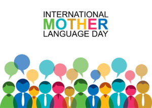 Poster with headline International Mother Tongue Day with silhouettes of people below with blank speech bubbles