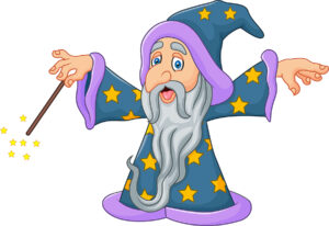 A sad looking wizard with a gray beard dressed in a dark blue gown and hat with gold stars