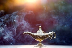 a silver magic lamp with smoke curling from it against a purple, smoky background