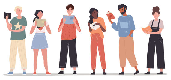 colorful drawing of multi-ethnic people holding paperback books