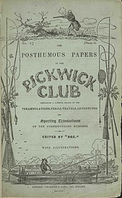 Replica of cover of Charl;s Dickens' The Pickwick Papers