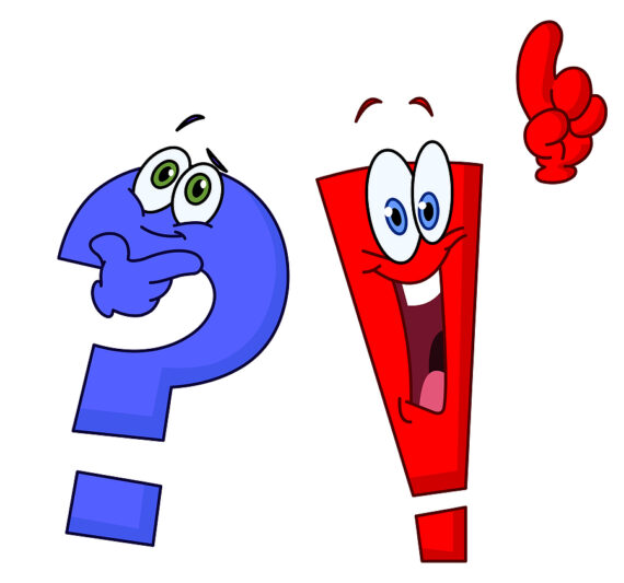 poster with cartoon question mark in blue and exclamation mark in red