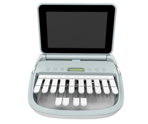 a steno machine showing the keys and a black screen above