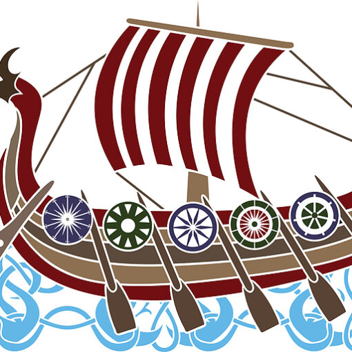 drawing of a Viking ship with curved prow and stern, a stripped sail, and shields in varying designs along the side of the ship.
