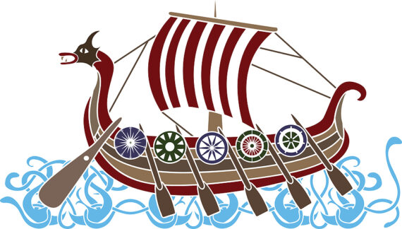 drawing of a Viking ship with curved prow and stern, a stripped sail, and shields in varying designs along the side of the ship.