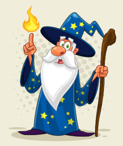 caricature of wizard with a white beard in hat and gown of dark blue with gold stars, with a staff in one hand and fire shooting from his index finger